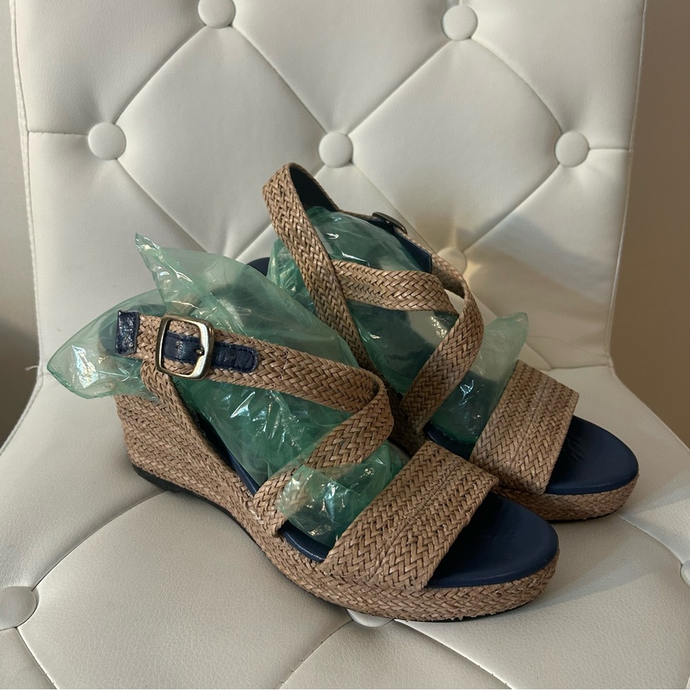 Carmen Saiz Tan and Blue Wedges with Espadrille Platform
